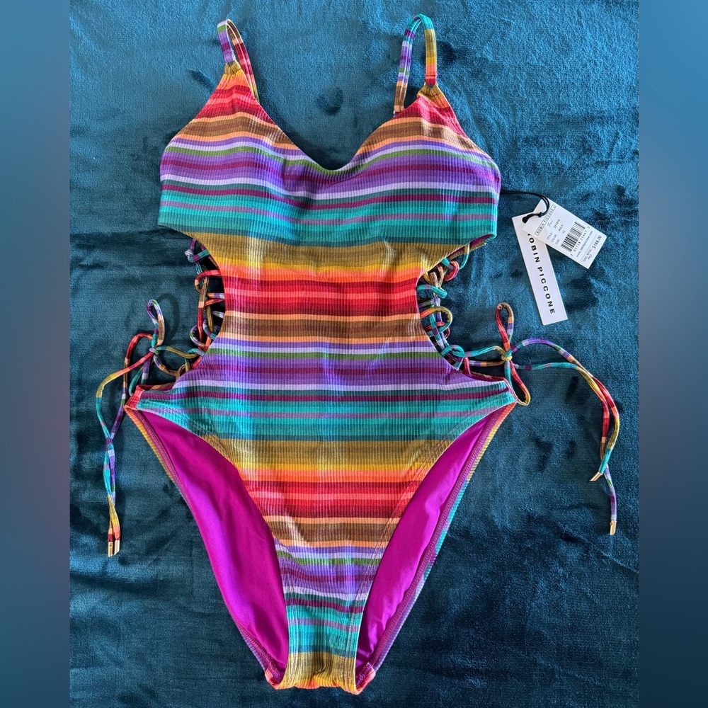 NWT ROBIN PICCONE INES STRIPE LACE-UP PURPLE-MULIT ONE PIECE SWIMSUIT SIZE 12